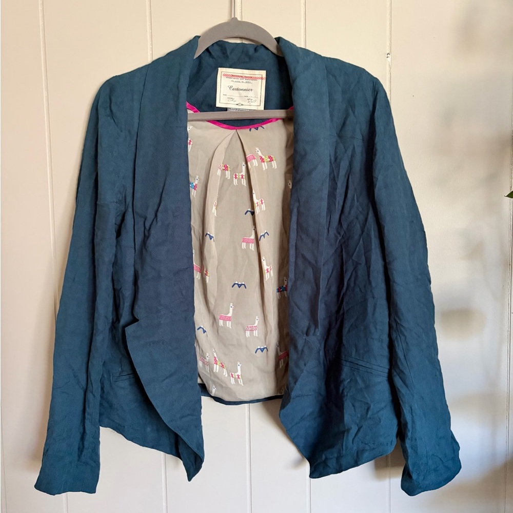 Anthropology Cartonnier Teal Blazer with Llama Print Lining